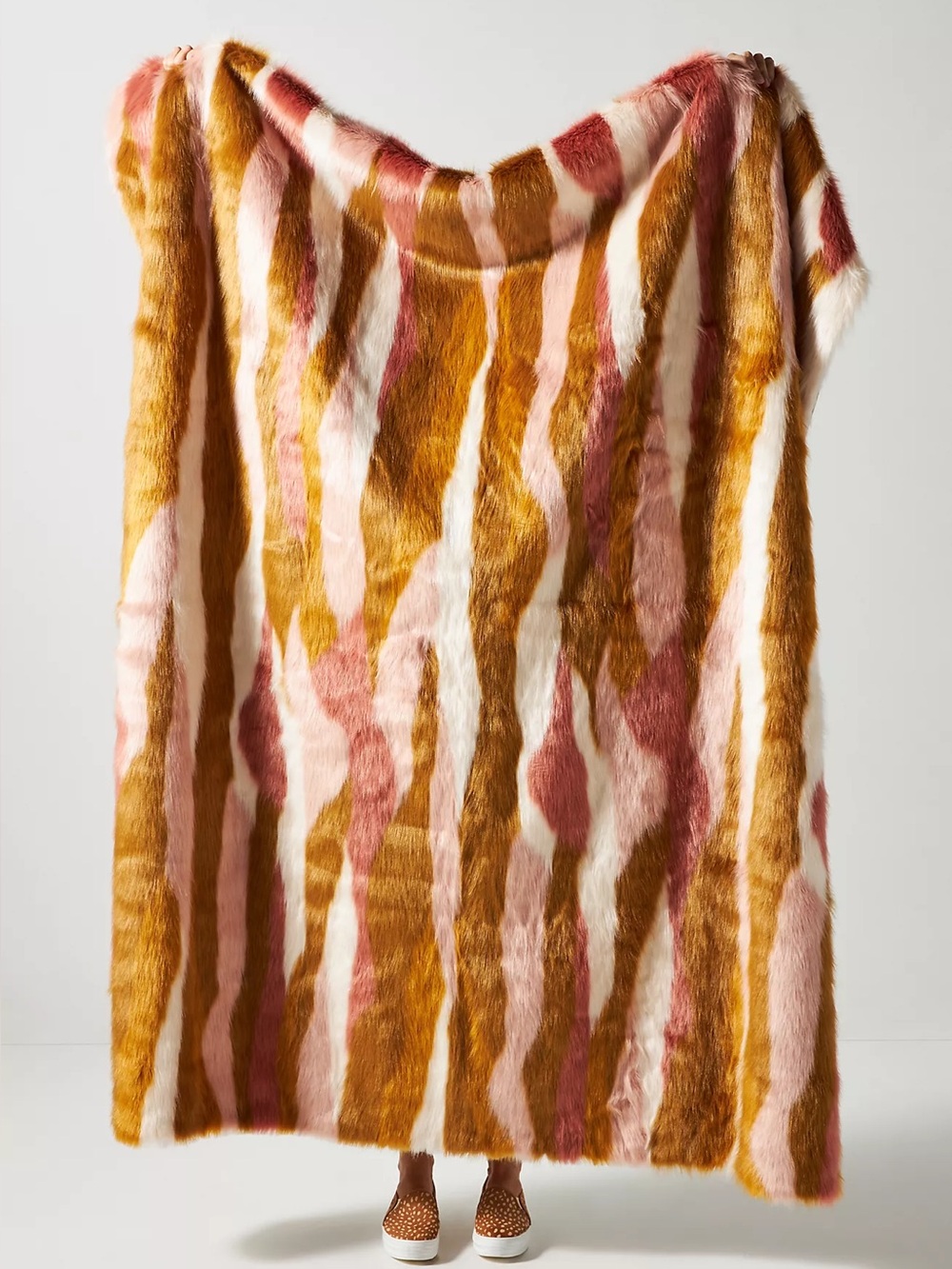 Anthropologie Fauna Faux Fur Throw Blanket in Pink and Gold